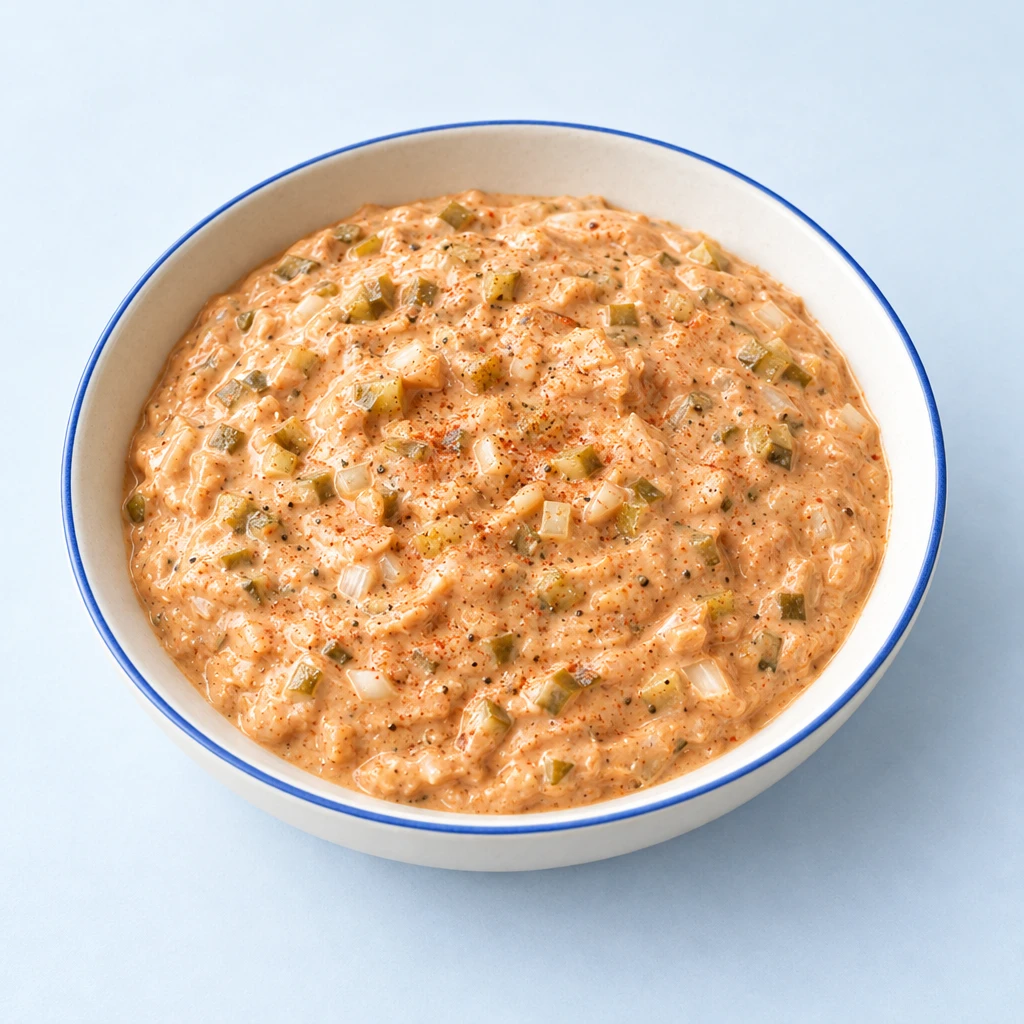 Creamy pale orange burger sauce with finely diced pickled gherkins and onion in a shallow bowl.