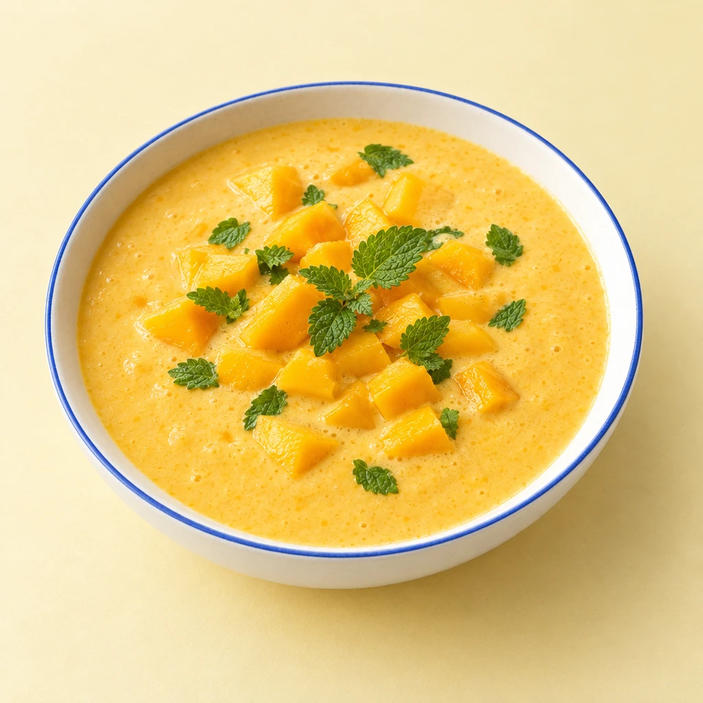 Creamy, pale yellow mango lassi in a glass, garnished with lemon balm leaves.