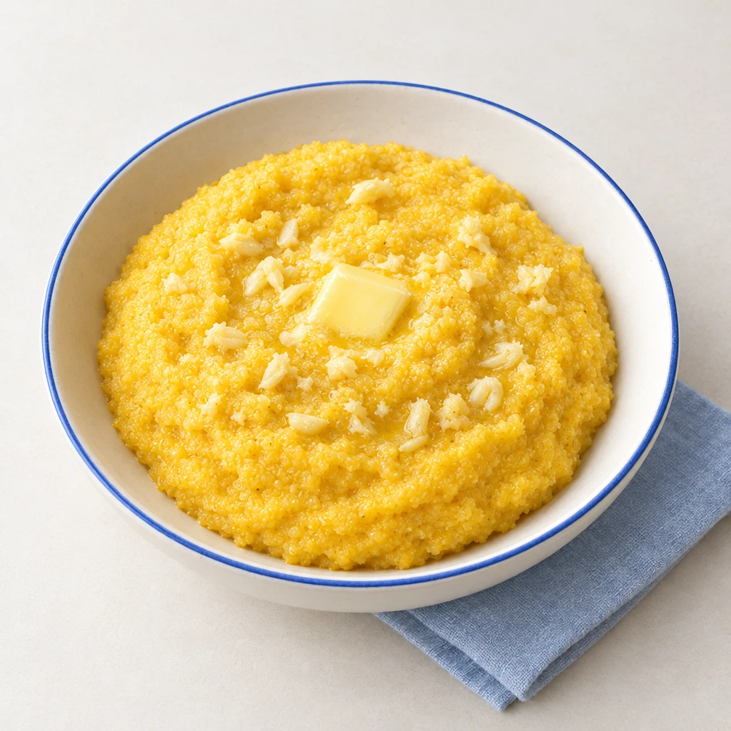 Golden-yellow mamaliga cornmeal porridge with garlic and butter in a bowl.