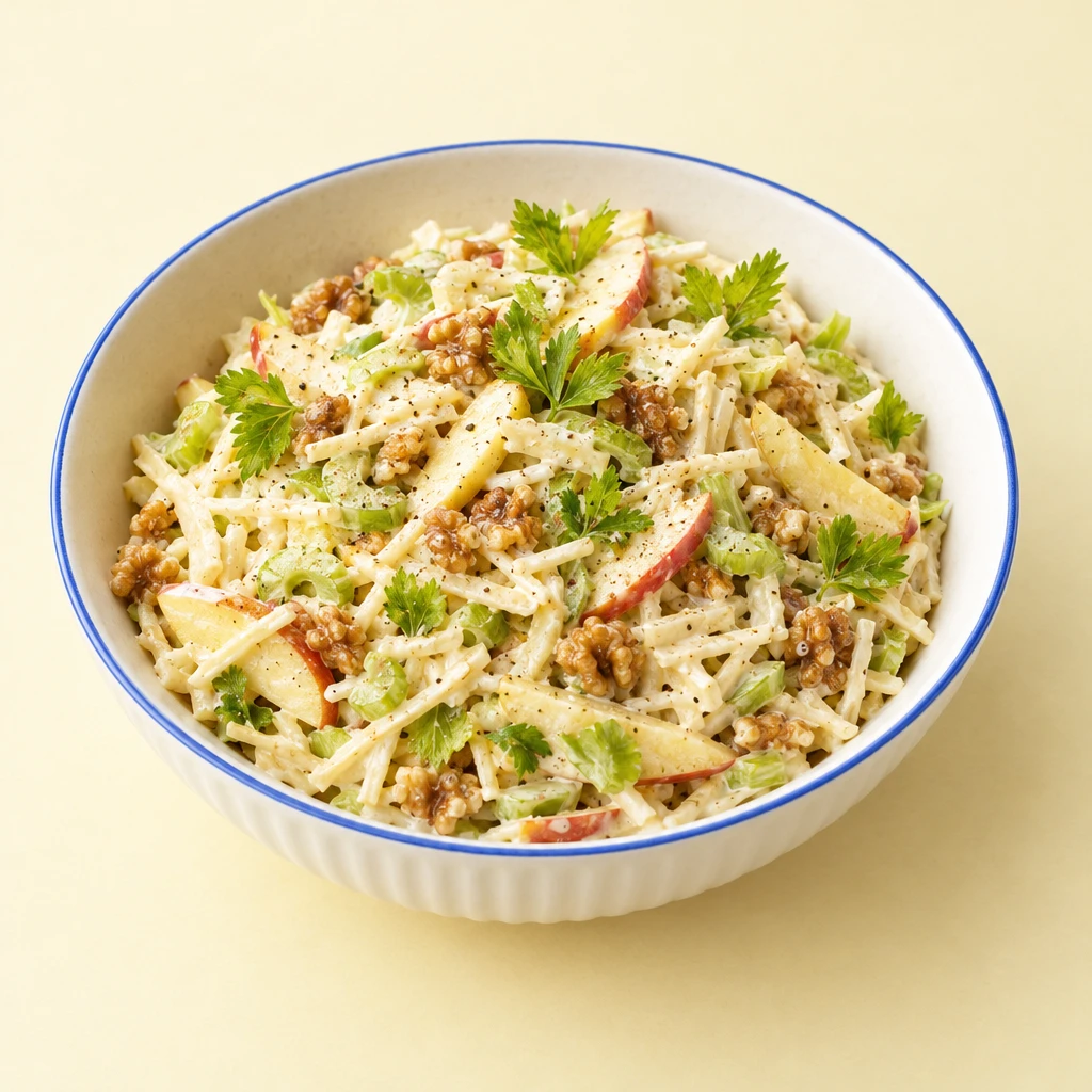 Waldorf salad with sliced celery, fine celeriac strips, apple slices, walnuts and mayonnaise, garnished with celery leaves.
