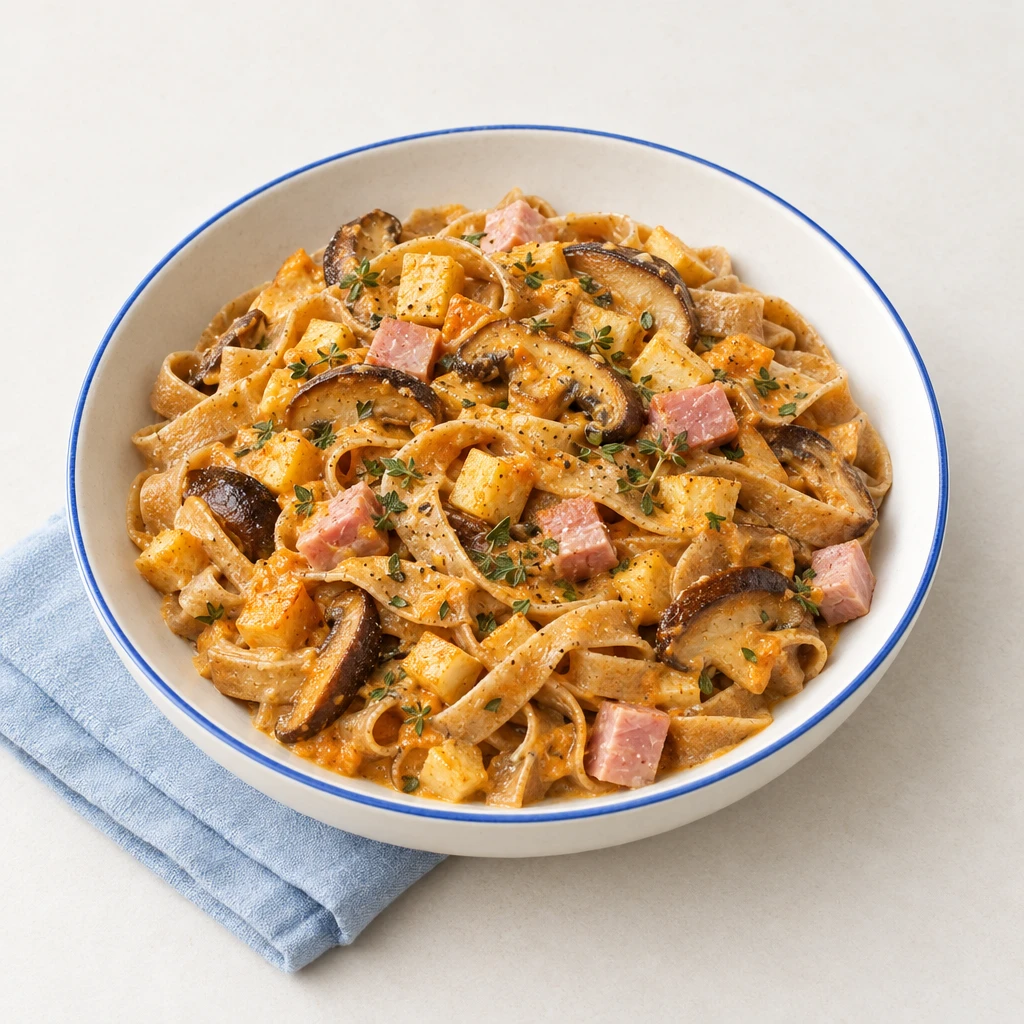 Vollkornbandnudeln mit Shiitake, Petersilienwurzel und Schinken in cremiger Möhren-Käsesauce.