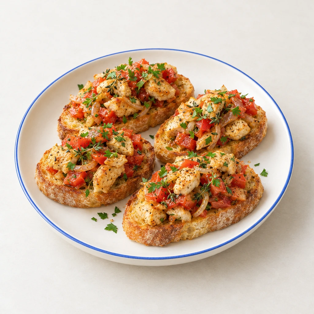 Toasted ciabatta slices topped with browned diced chicken, tomatoes, onions and chopped parsley on a plate.