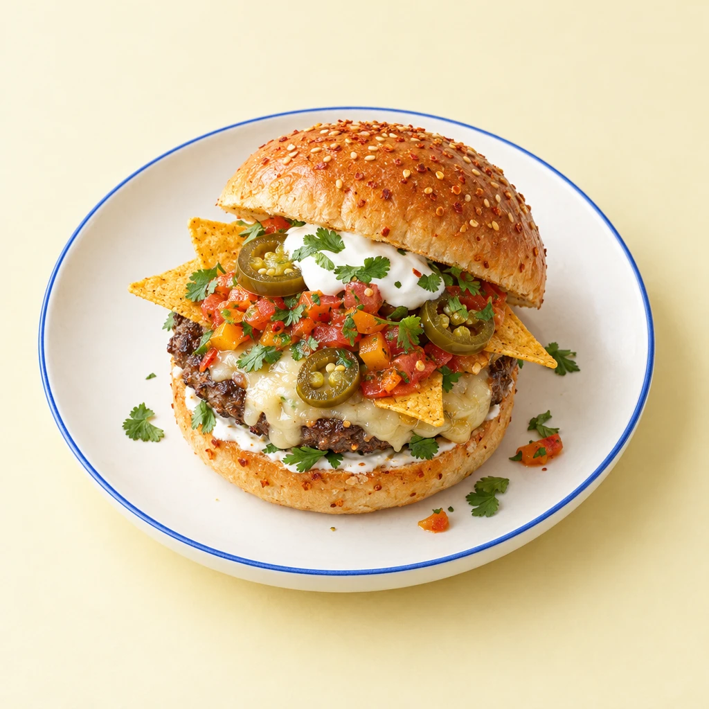 Rindfleischburger im Chili-Bun mit Ziegengouda, Salsa, Jalapeños, Koriander und Nacho-Chips.