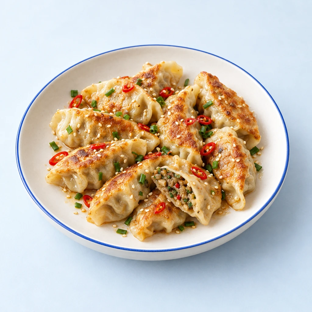Golden pan-fried oyster mushroom gyoza with sauce and sesame seeds on a plate.