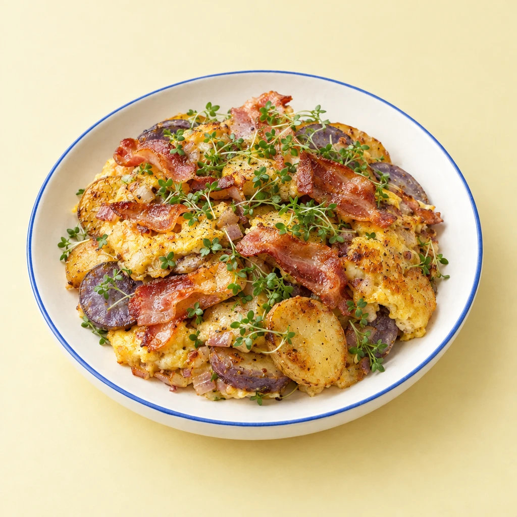 Bauernfrühstück im Glas mit Kartoffelscheiben, gestocktem Ei, Frühstücksspeck und Gartenkresse.