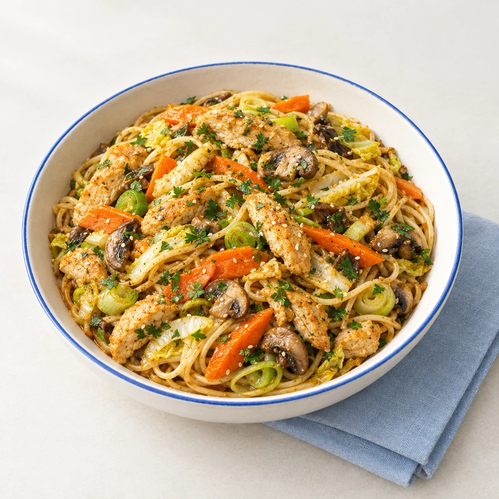 Spaghetti mit Pilzen, Karotten, Lauch, Chinakohl und sesampanierten Putenstreifen.