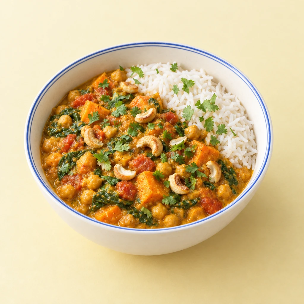 Kichererbsencurry mit Süßkartoffel und Spinat, garniert mit gerösteten Cashewkernen und Koriander, daneben Basmatireis.