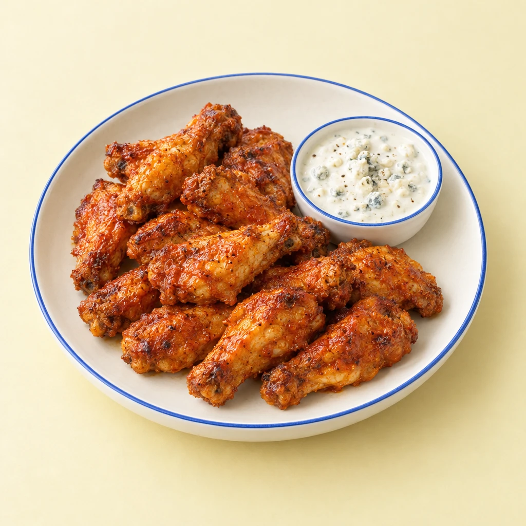 Barbecued buffalo wings coated in red-brown sauce, with a creamy blue cheese dip on a plate.