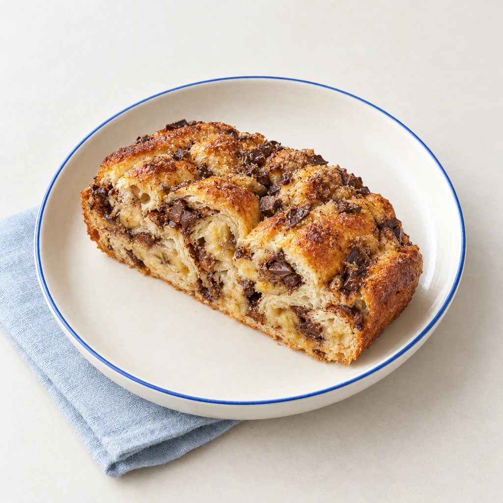 Golden-brown banana and chocolate pull-apart bread with a torn-off piece revealing the soft filling.
