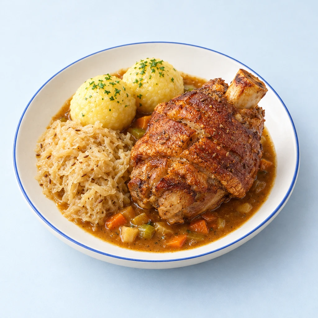 Schweinshaxe mit knuspriger Kruste, Kartoffelklößen, Sauerkraut und Biersauce auf einem Teller.
