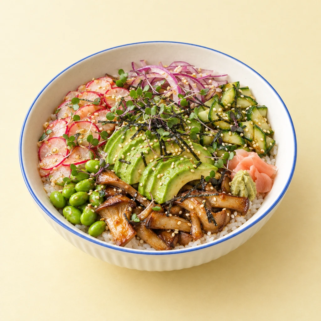 Chirashi-Bowl mit Sushi-Reis, Avocado, Edamame, Radieschen, Gurken und glasierten Kräuterseitlingen, bestreut mit Nori, Sesam und Shisokresse.
