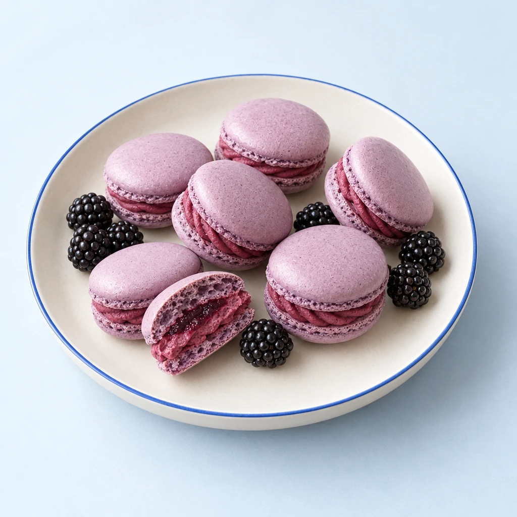 Purple macarons with smooth shells and a pink blackberry buttercream filling on a plate.