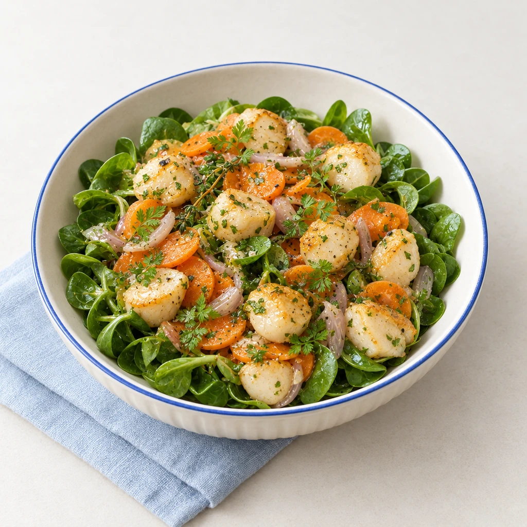 Pochierte Jakobsmuscheln auf Feldsalat mit feinen Karotten- und Schalottenscheiben, Kerbeldressing und Kerbelblättchen.
