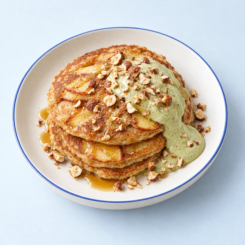 Golden-brown apple pancakes with chopped hazelnuts, maple syrup and pale green matcha soya yoghurt cream on a plate.
