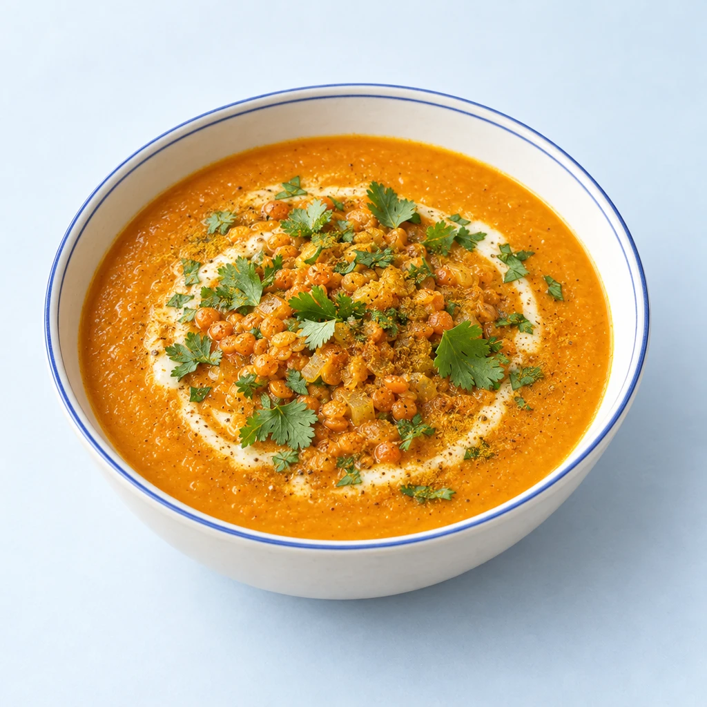 Cremige rote Linsensuppe mit ganzen Linsen, frischem Koriander und Currypulver.