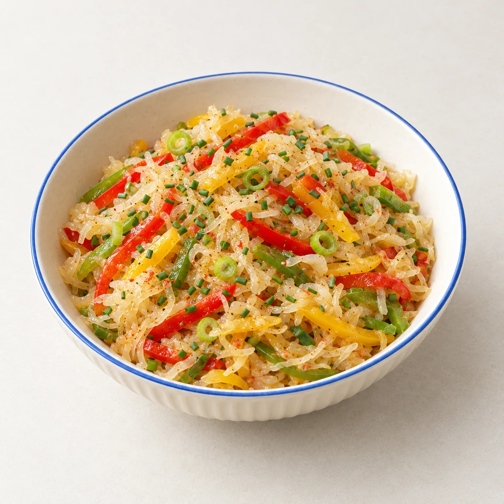 Sauerkraut salad with red, yellow and green pepper strips, spring onions and chives in a shallow bowl.