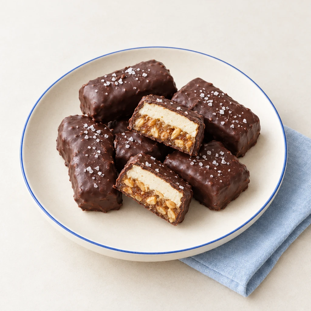 Vegan chocolate peanut bars on a plate, cut open to reveal a pale cream layer and a date caramel layer studded with peanuts.