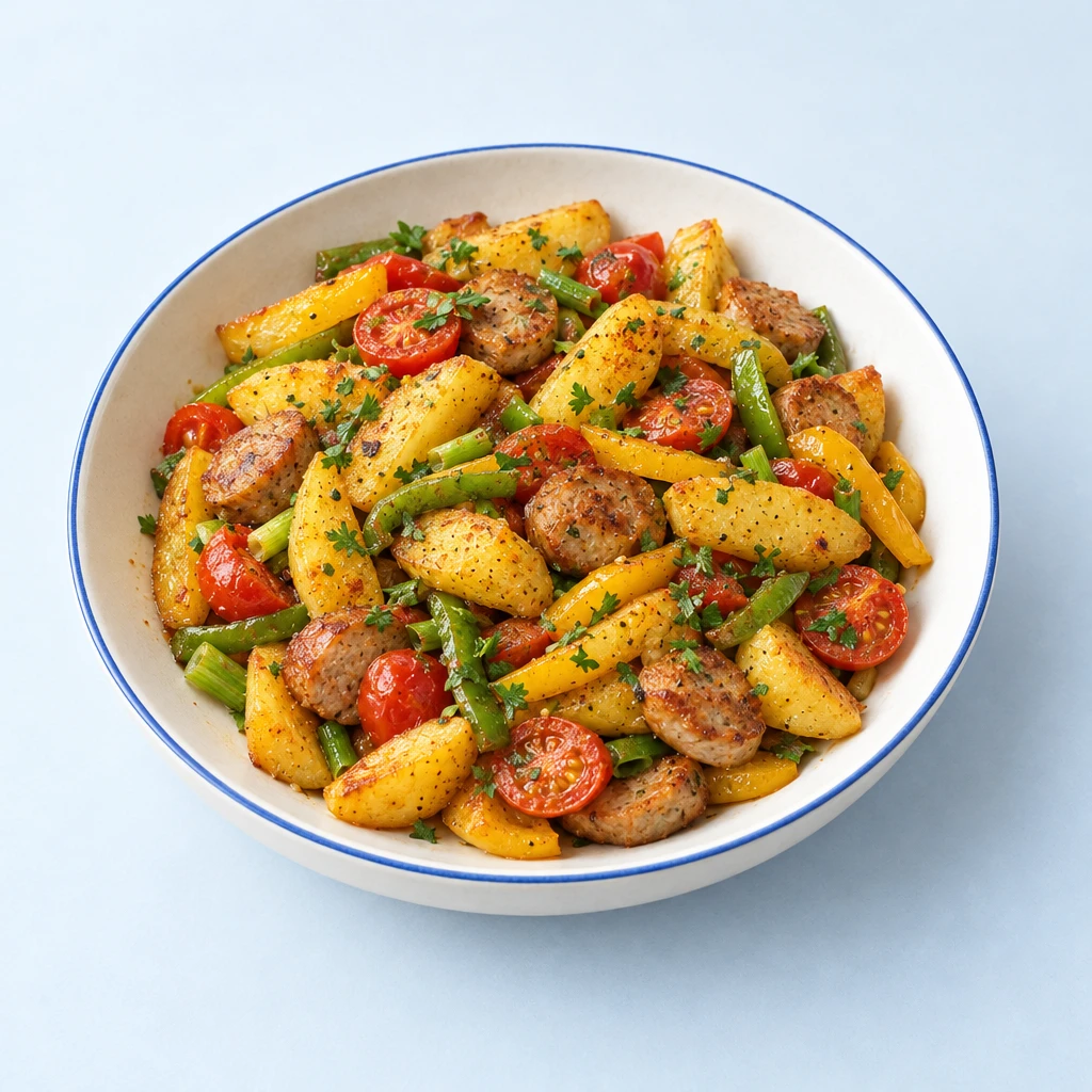 Pan-fried potato quarters and bratwurst slices with green and yellow peppers, spring onions, tomatoes and parsley.