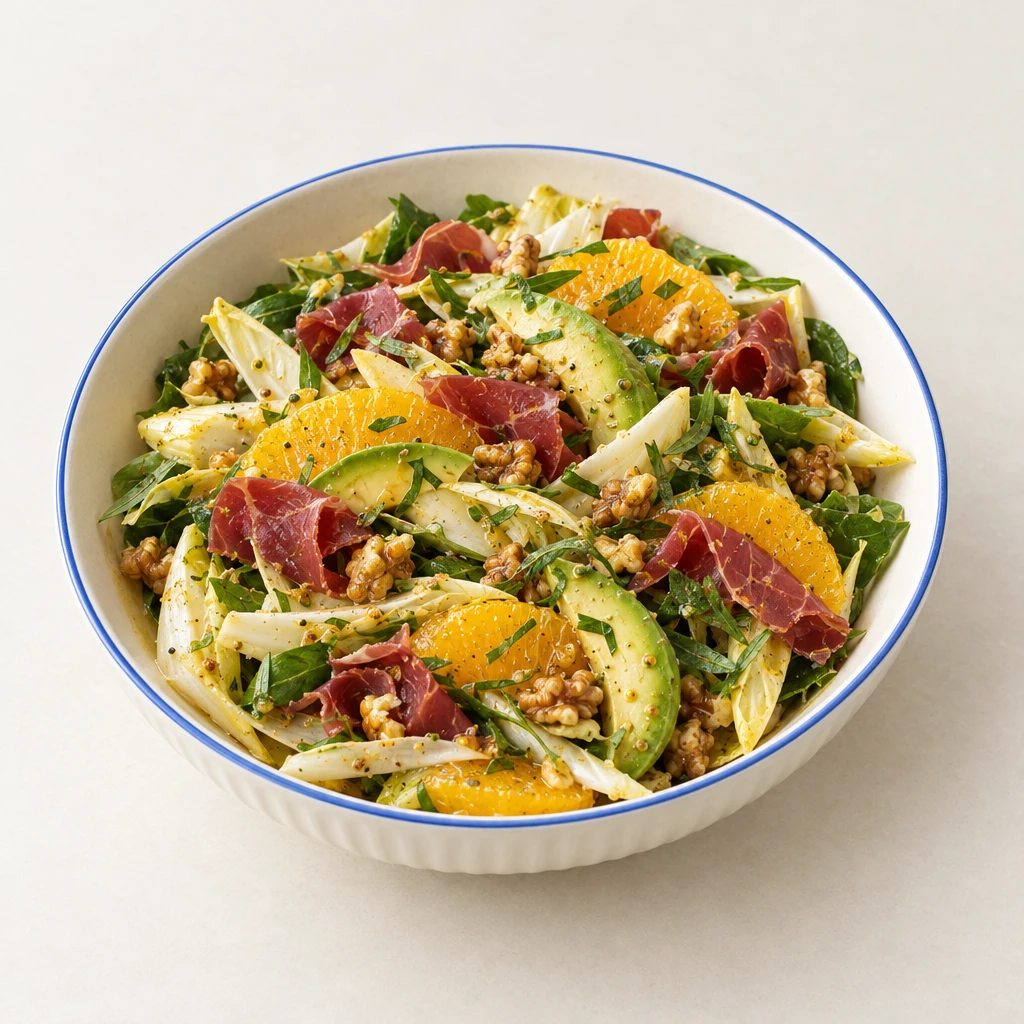 Chicory and avocado salad with orange slices, sorrel, Swiss air-dried beef and toasted walnuts.