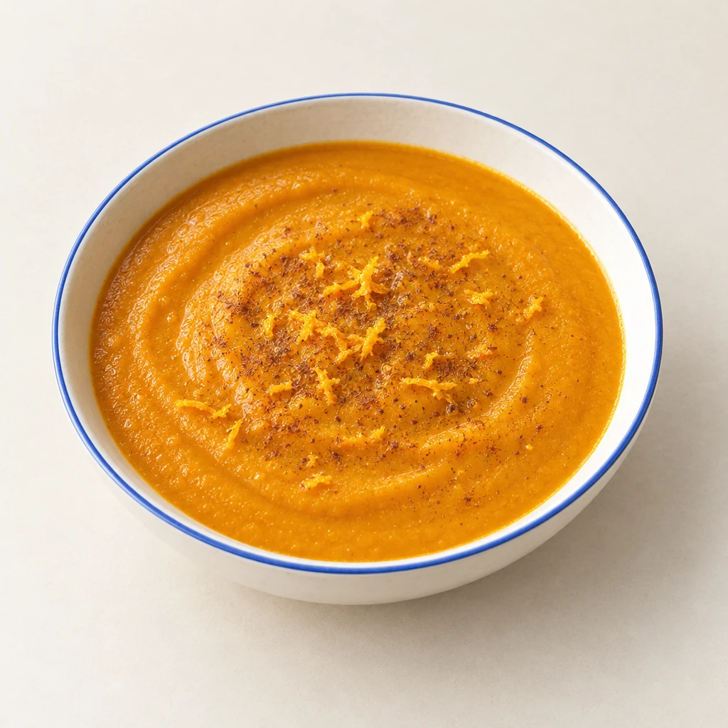 Smooth orange butternut squash purée in a shallow bowl.