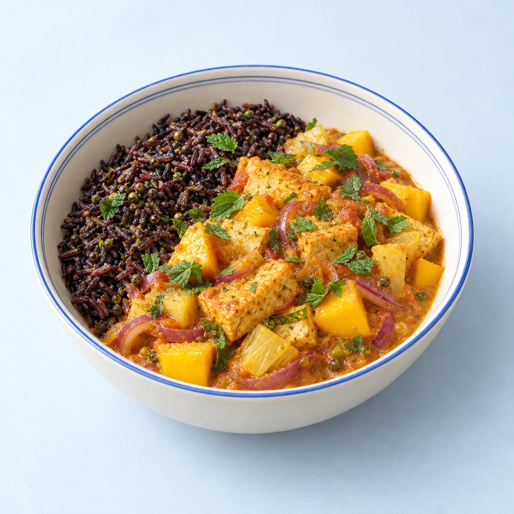Tofu-Curry mit Mango, Ananas und Zwiebelringen neben schwarzem Reis, mit Zitronenmelisse bestreut.
