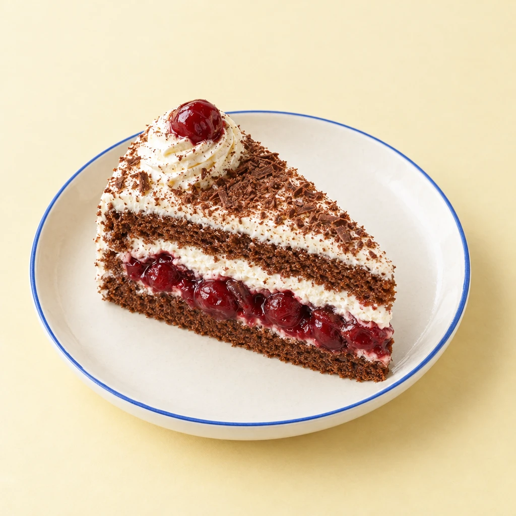 Schwarzwälder Kirschtorte mit Sahnehülle, Kakao und Kirschkompott; ein herausgeschnittenes Stück zeigt die Biskuit- und Füllschichten.