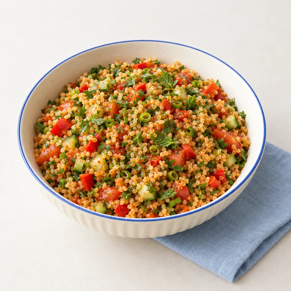 Bulgur salad with finely diced cucumber, tomatoes, red pepper, spring onions and herbs in a bowl.
