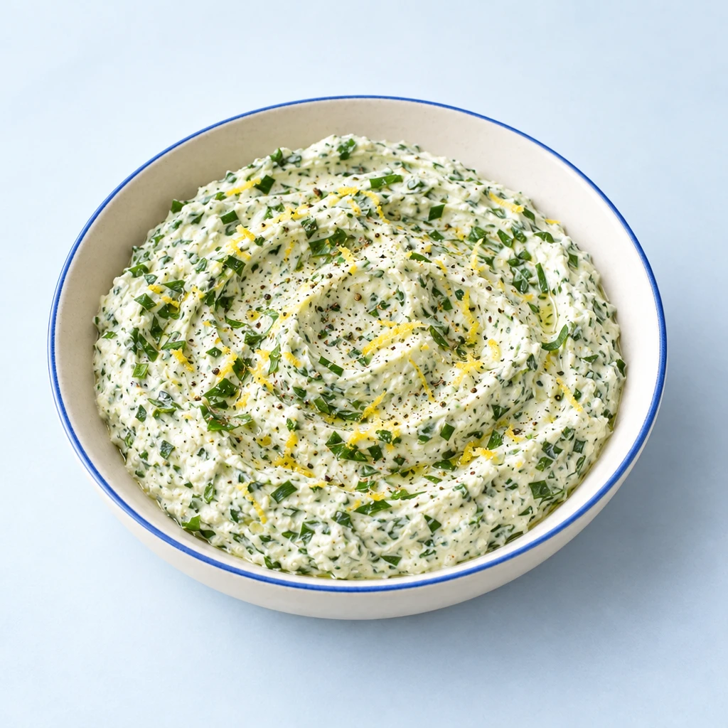 Creamy wild garlic spread flecked with finely chopped green leaves in a shallow bowl.