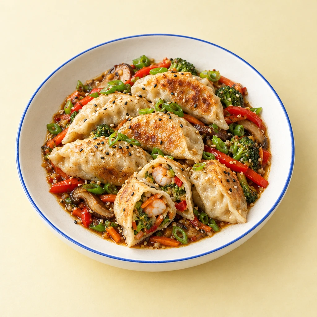 Round spelt dumplings with vegetable and prawn filling, dark sesame seeds and spring onion rings, with vegetables in sauce.