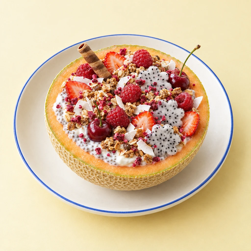 Melon half filled with chia pudding, coconut yoghurt and crunchy muesli, topped with dragon fruit flowers, berries, a cherry and a chocolate wafer roll.