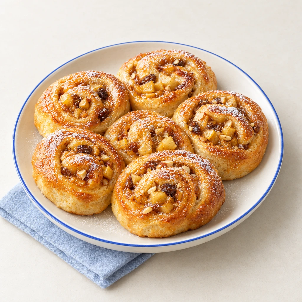 Golden-brown apple swirl buns filled with apple pieces, almonds and sultanas, finished with apricot glaze and icing sugar.