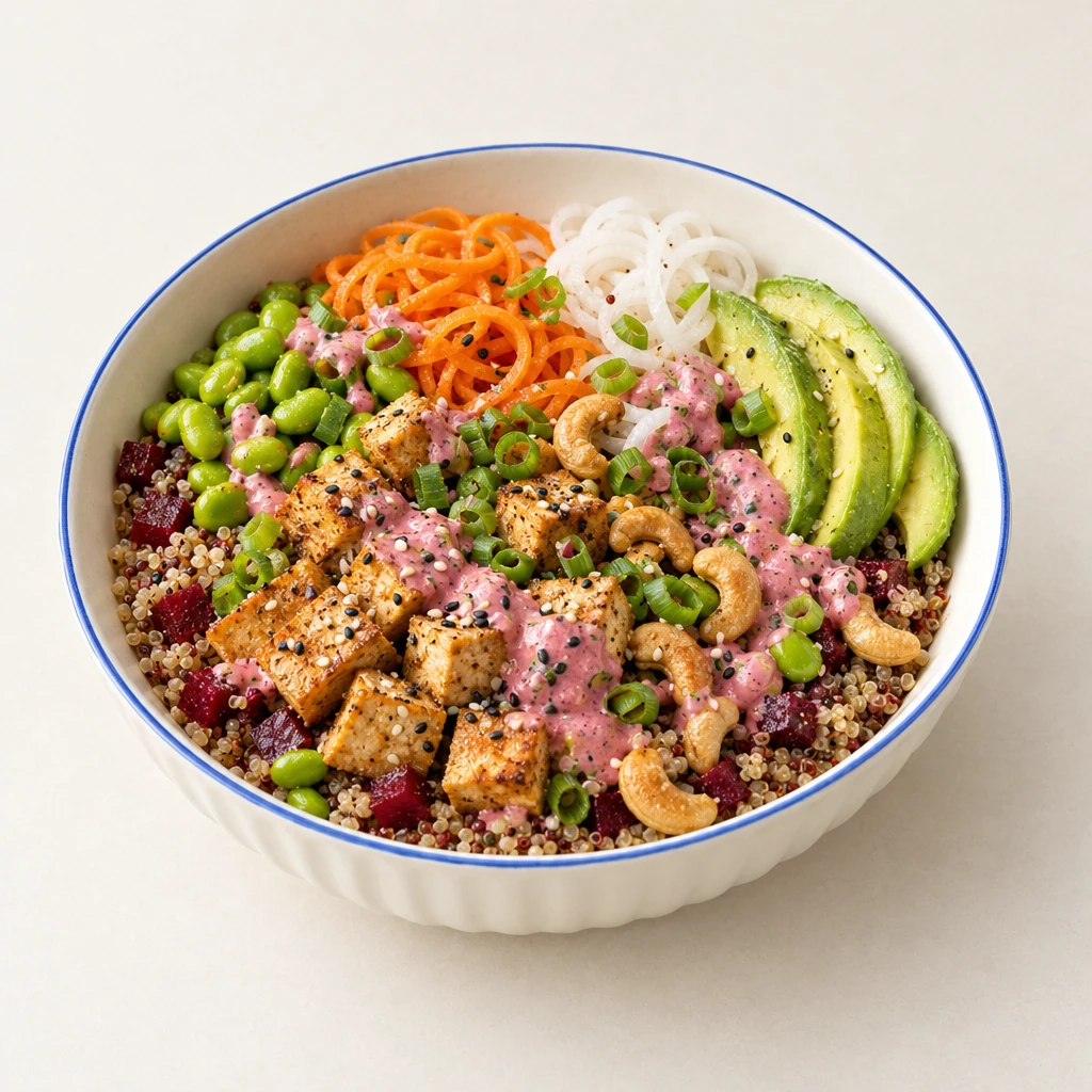 Quinoa-Bowl mit Roter Bete, Edamame, Gemüsespiralen, Avocado, gebratenem Tofu, Cashewkernen und rosafarbenem Dressing.