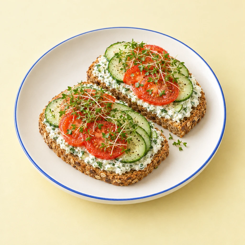 Wholemeal toast topped with herb quark, cucumber and tomato slices, and cress on a plate.