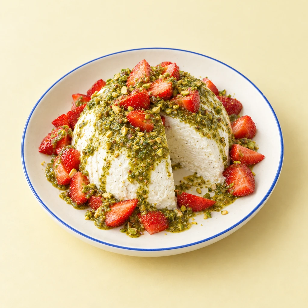 A white yoghurt bombe with fresh strawberries and green pistachio pesto on a plate.