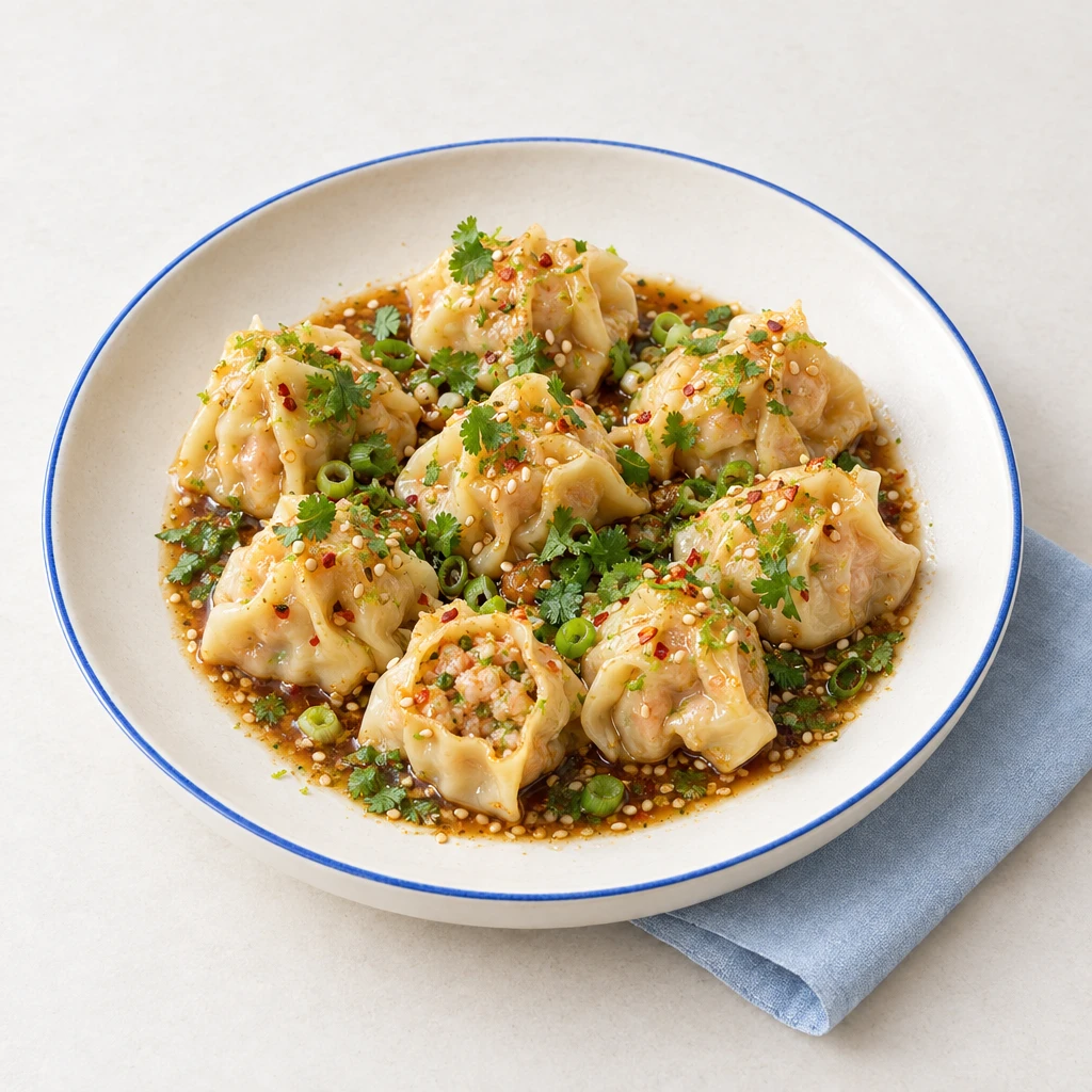 Steamed prawn dumplings with sesame sauce and chopped coriander, with one dumpling cut open.