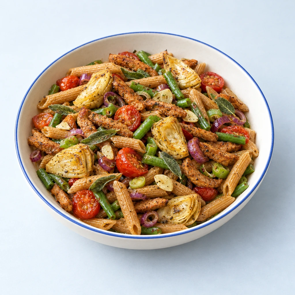 Vollkornpenne mit gebratenen Artischockenherzen, grünen Bohnen, Cherrytomaten, veganen Fleischersatzstreifen und Salbei.