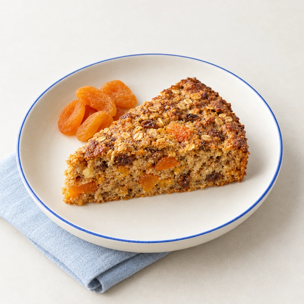 Golden-brown muesli cake pieces with sultanas and exposed crumb on a plate.