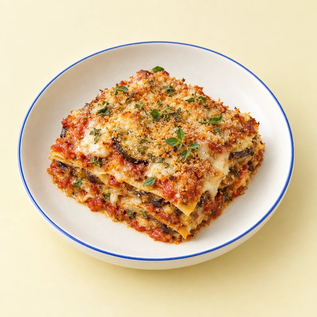 Auberginen-Lasagne mit sichtbaren Nudel- und Gemüseschichten, goldbrauner Käsekruste und Oreganoblättchen auf einem Teller.