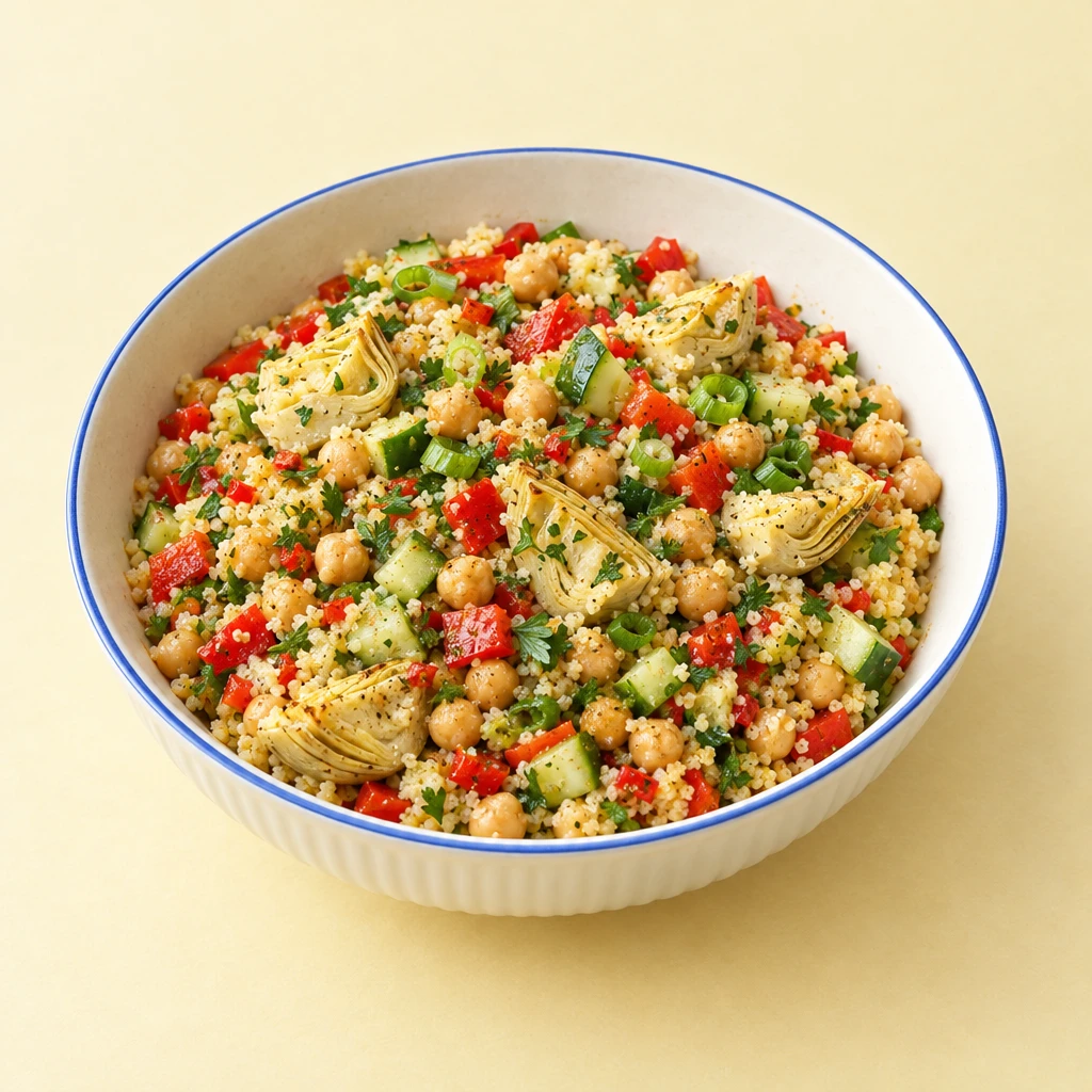 Couscous salad with chickpeas, cucumber, red pepper and parsley, topped with pan-fried artichoke halves.