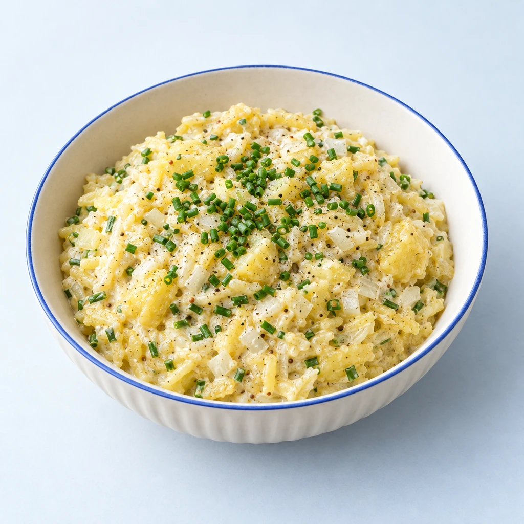 Creamy potato spread with finely snipped chives in a shallow bowl.