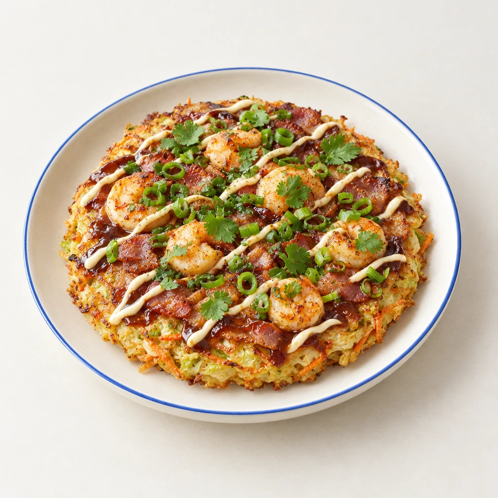 Goldbrauner Okonomiyaki mit Speck, Riesengarnelen, Frühlingszwiebeln, dunkler Sauce, Mayonnaise und Koriander.
