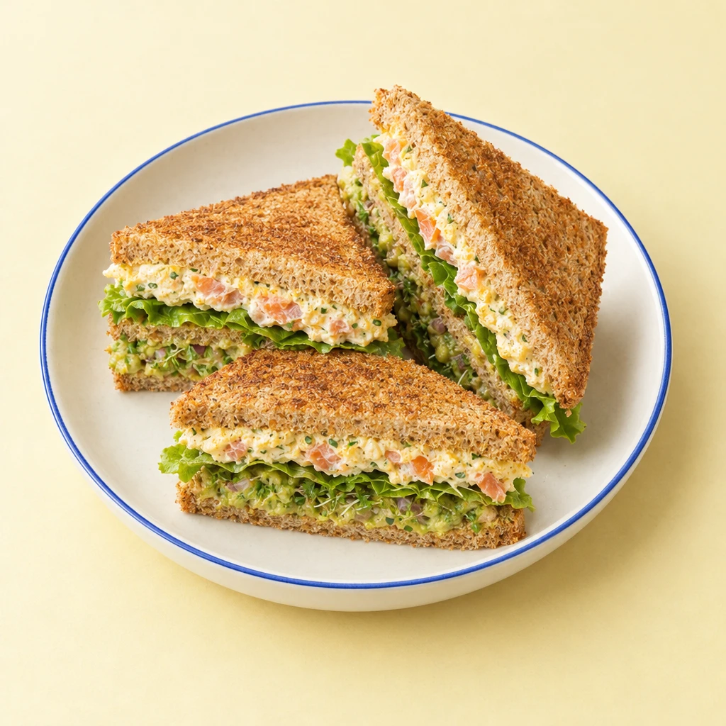 Diagonally halved wholemeal club sandwiches with avocado, cress, lettuce and smoked trout and turmeric quark.