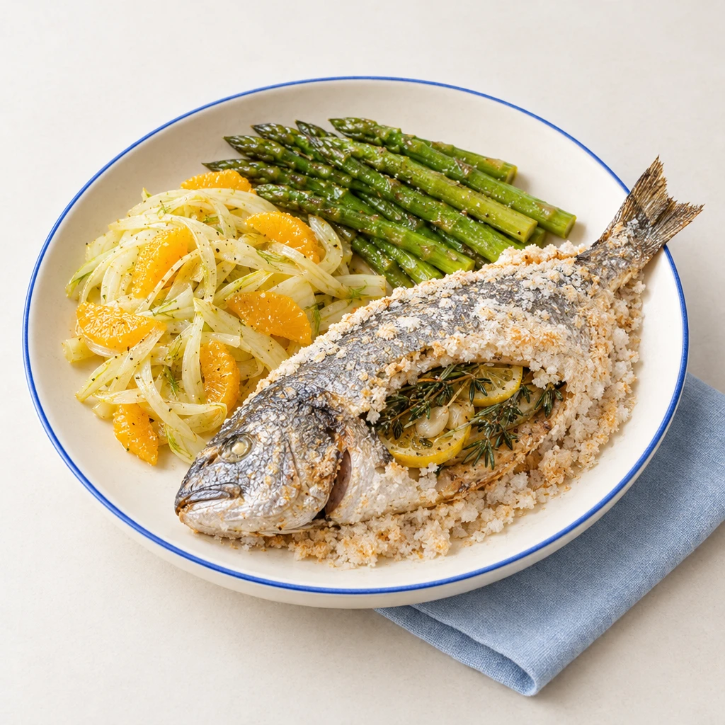 Doraden in aufgebrochener Salzkruste mit grünem Spargel, Ofenfenchel und Orangenfilets.