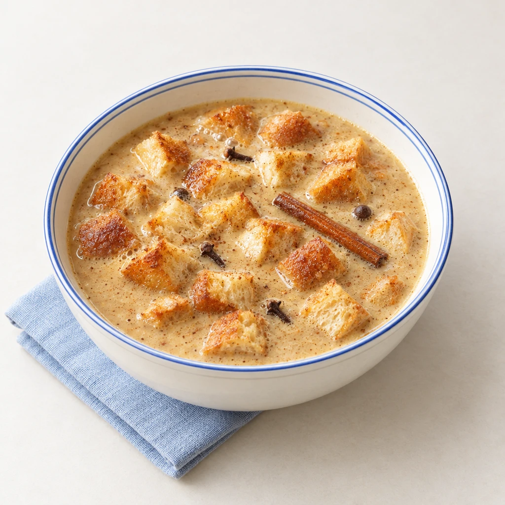 Creamy Franconian beer soup topped with golden-brown milk roll croutons in a deep bowl.