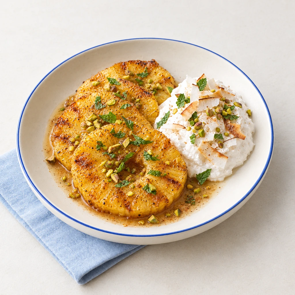 Golden-brown grilled pineapple slices with coconut cream, chopped mint and pistachios on a plate.