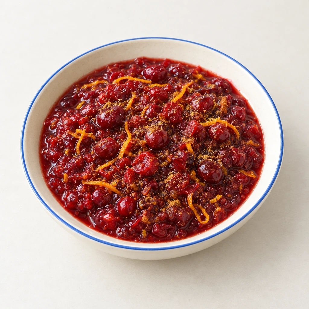 Deep red cranberry sauce with softened berries and fine orange zest in a bowl.