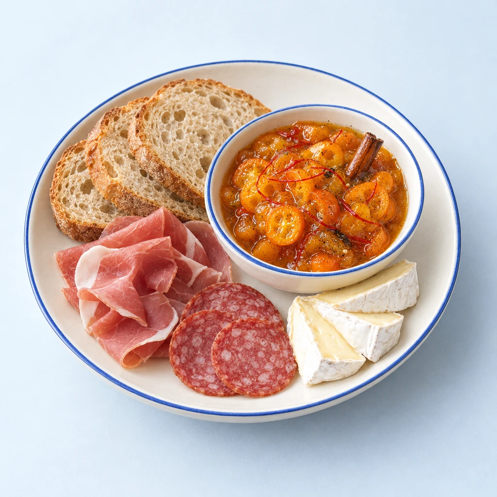 Thick kumquat chutney with glossy fruit slices and fine chilli threads in a shallow bowl.