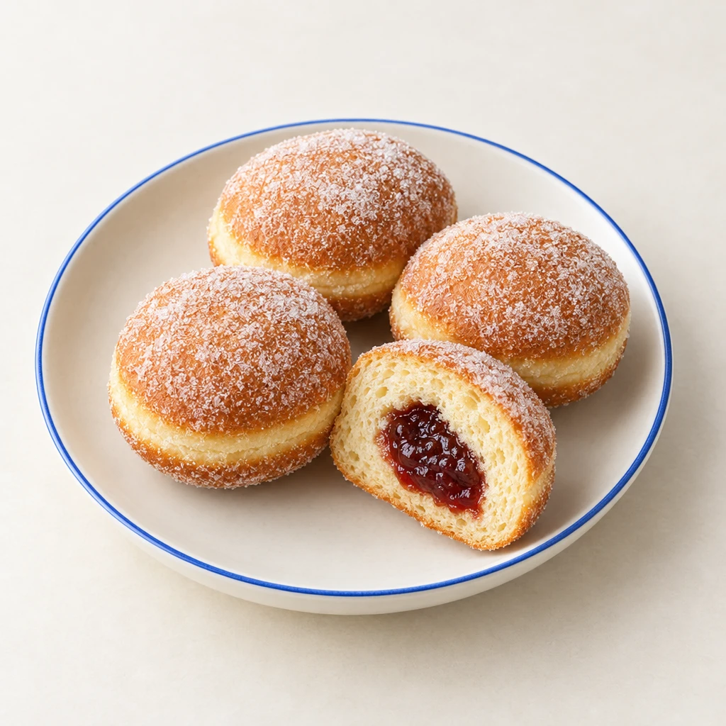 Golden sugar-coated Berliner doughnuts on a plate, one cut open to reveal its plum butter filling.