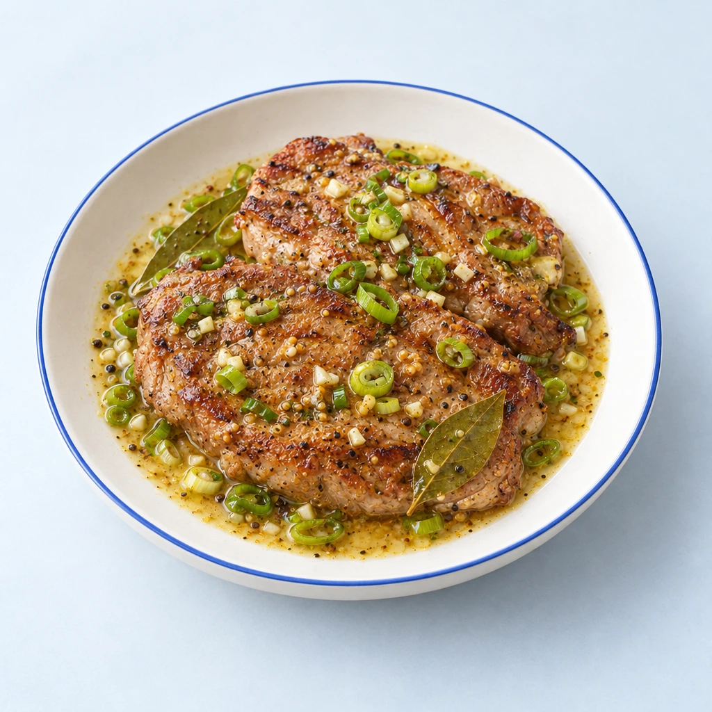 Beer marinade with spring onion rings, garlic and bay leaves in a bowl.