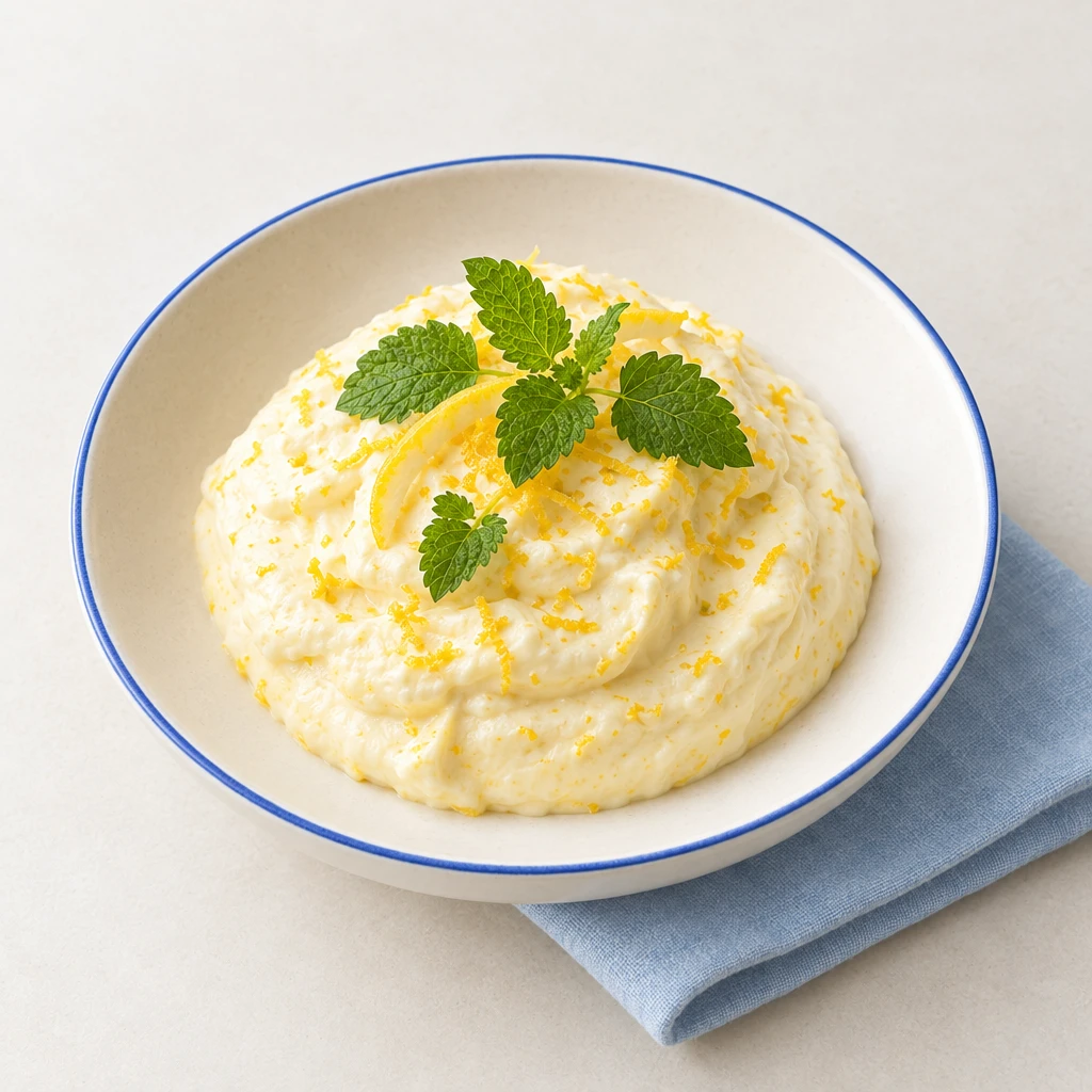 Pale lemon cream in a glass, garnished with lemon balm.
